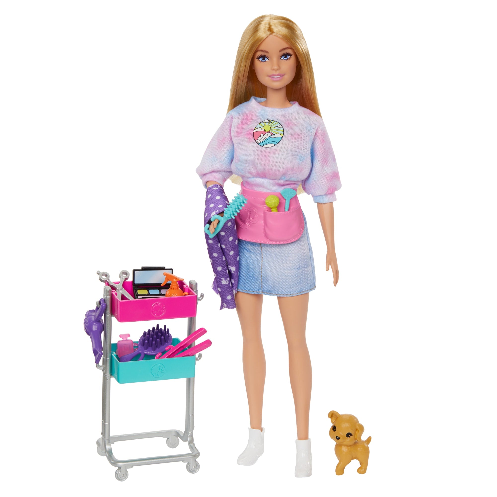Barbie Malibu Coffret de Jeu Poupée Coiffeuse et 14 Accessoires