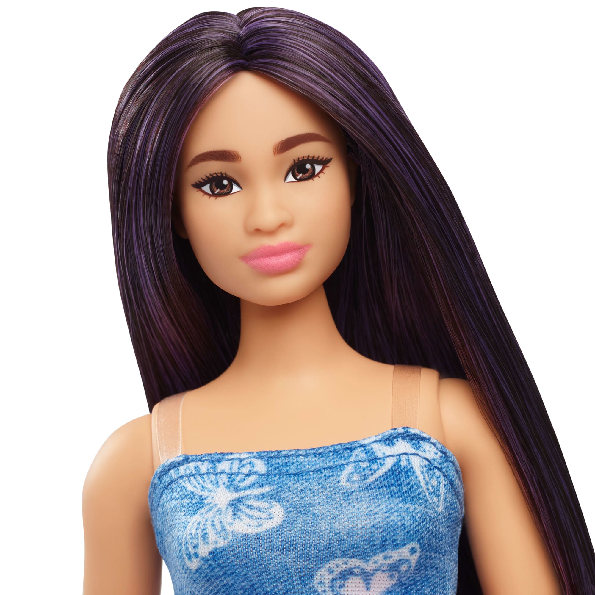 Barbie Fashionistas Doll #231 in Denim Butterfly Dress With Pink Belt. Purple Hair - Image 3